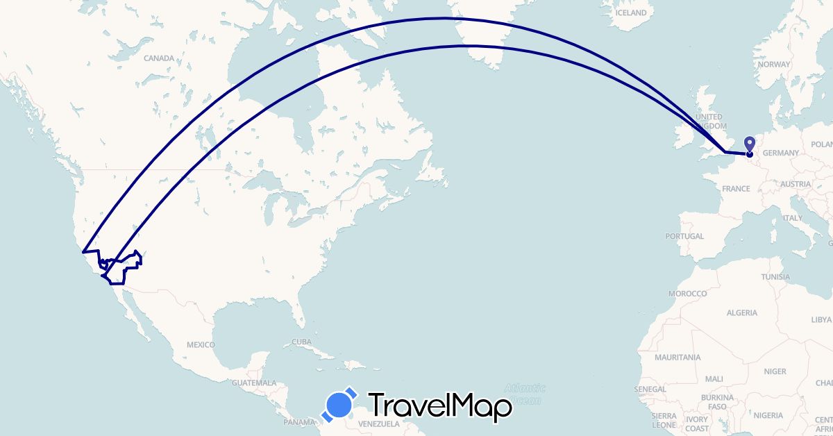 TravelMap itinerary: driving in Belgium, United Kingdom, United States (Europe, North America)